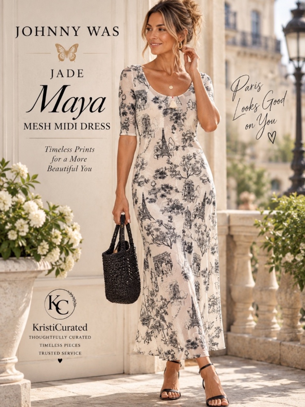 Johnny Was Jade Maya Mesh Midi Dress Paris Print Ecru Black S
